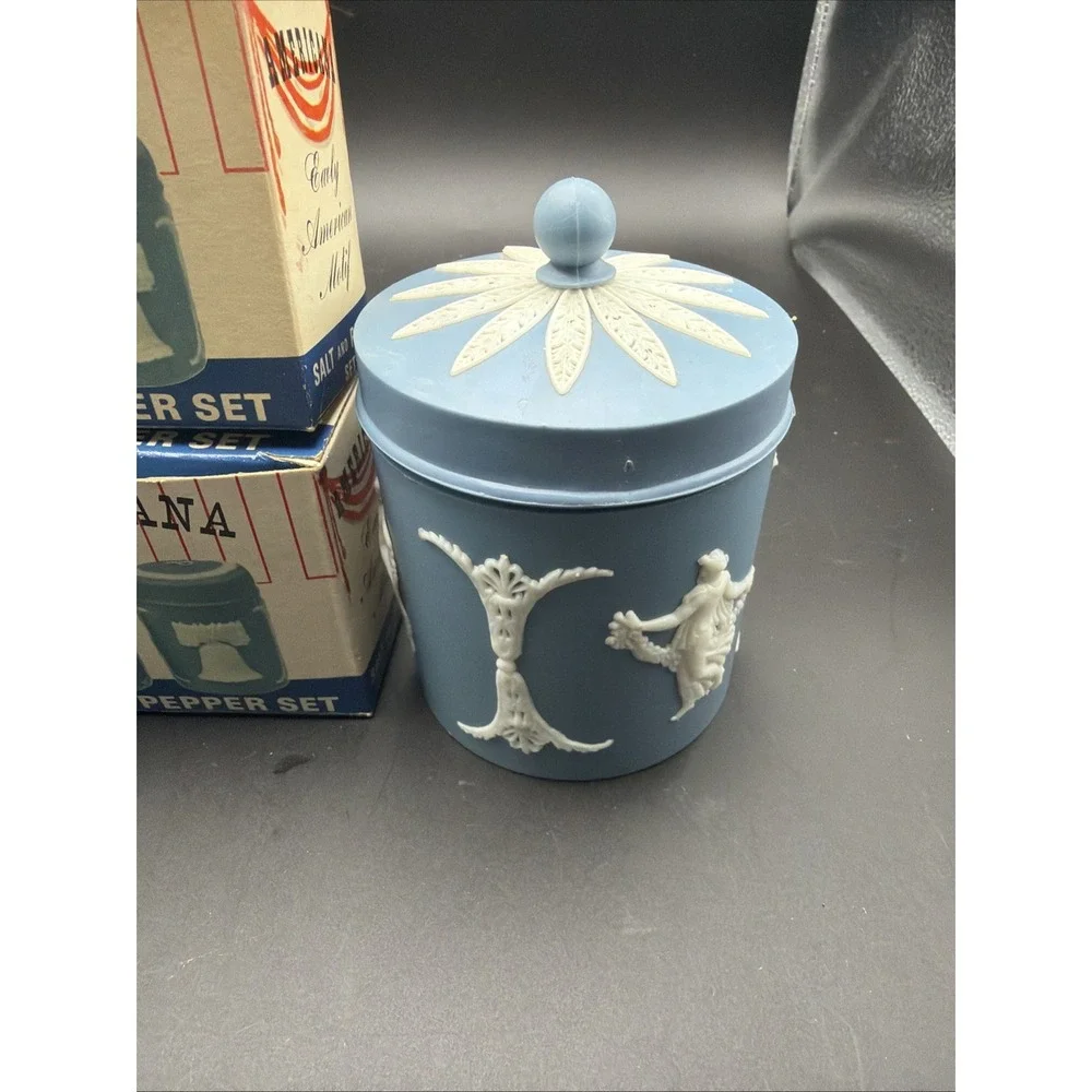 Vintage Americana 11 Pc Jasperware Style Salt Pepper Shaker Set Blue Plastic